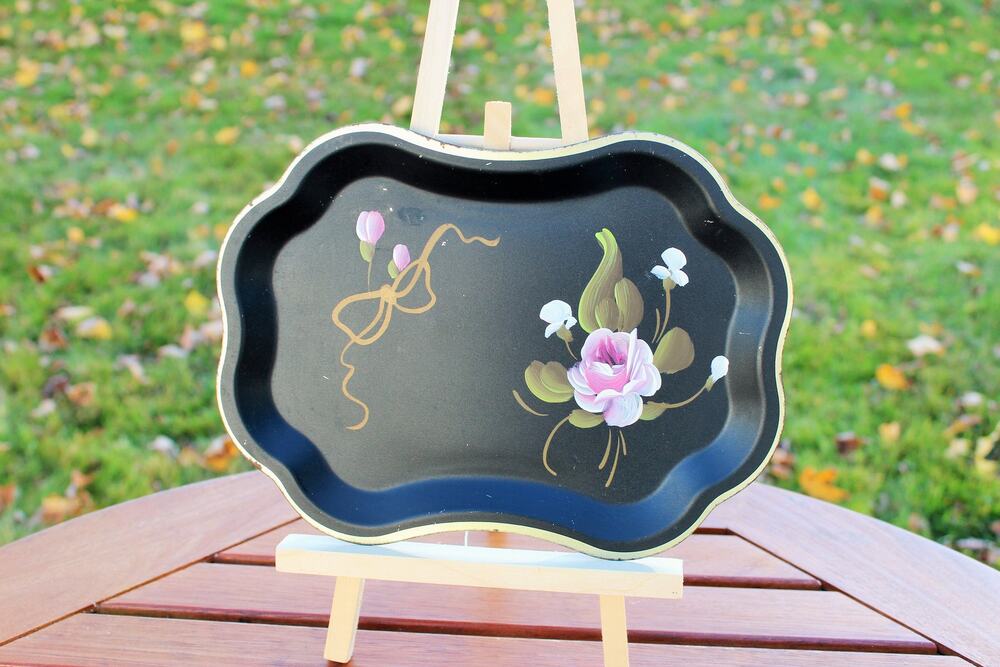 Vintage Fine Arts Studio Black Tole Tray Hand Painted Floral Phila